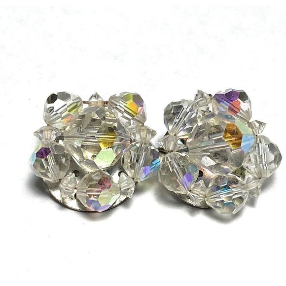 Vintage Clip Ons Clips Earrings Beaded Two Pairs Lot AB Crystals - Picture 6 of 16